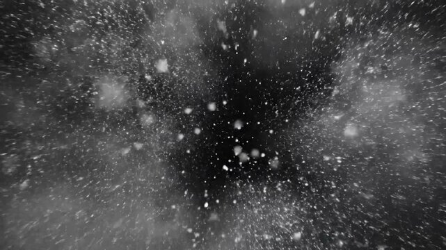 Abstract star explosion with particles and smoke flowing towards the viewer on a dark background
