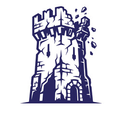 Obraz premium Detailed crumbling stone fortress tower illustration with fortress crumbling architecture medieval collapse building structure isolated military construction
