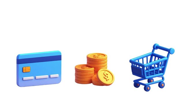 3D shopping cart with credit card and gold coins on white background 