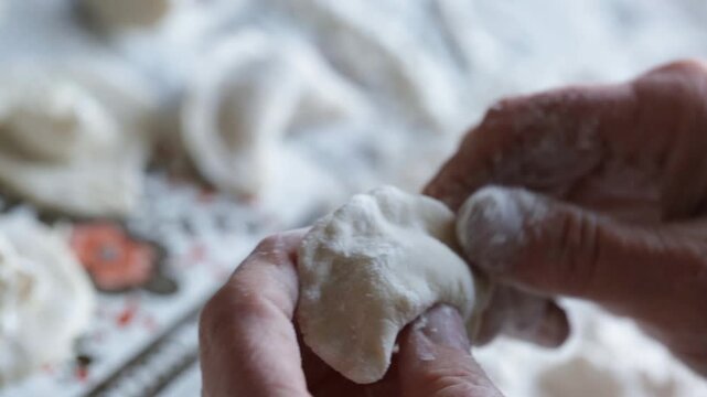 Making dumplings with cottage cheese at home, close-up view, home cooking