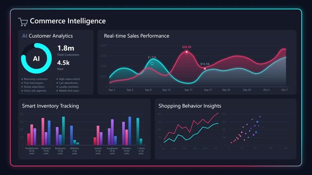 Animation of a digital commerce intelligence dashboard displaying real-time AI customer analytics, sales performance graphs, and inventory tracking, Concept of data visualization and business growth