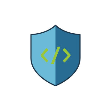 Blue security shield icon with programming code symbols.