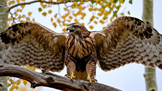 Red-tailed hawk perched on a dry tree branch with wings fully outstretched in an autumn forest, displaying detailed brown plumage and sharp talons against yellow aspen leaves.