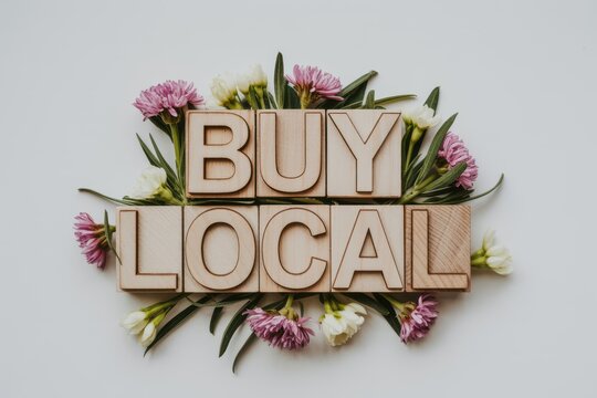 A close-up photo displays the message 'BUY LOCAL' made of wooden blocks surrounded by pink flowers and green leaves on a plain background.