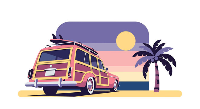 Vintage Woody Station Wagon with Surfboard on Roof.