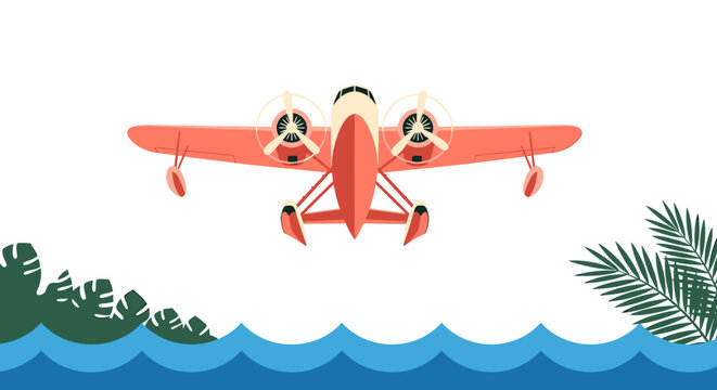 Vintage Red Seaplane Flying Over Tropical Waters.