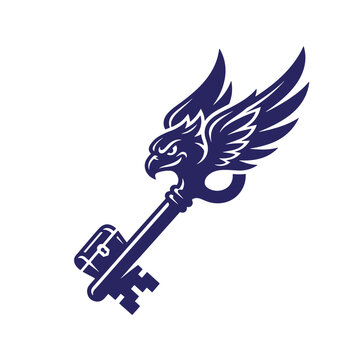 Graphic illustration of a stylized eagle head integrated into a skeleton key symbol with illustration mystical strength silhouette predator treasure talisman