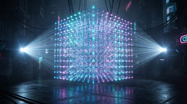 Cube lumineux num&eacute;rique dans un environnement futuriste