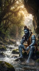 Fototapeta premium Shiva sits in deep meditation beside a flowing mountain river as the soft morning light illuminates the surrounding rocky terrain.