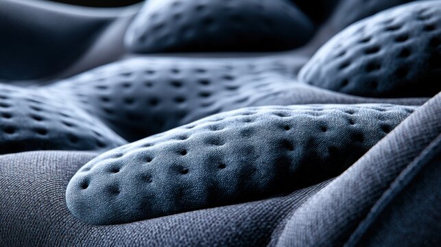 Microscopic Fabric Texture: A close-up, abstract view of a blue fabric's intricate, textured surface, showcasing rows of small perforations and undulating contours.