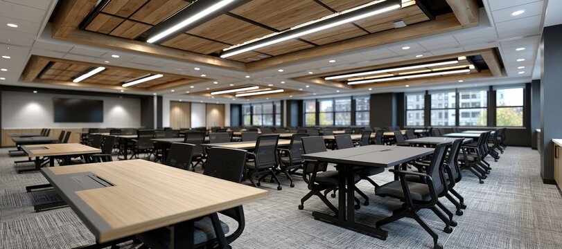Empty meeting room with adjustable chairs and spacious layout for accessible interviews