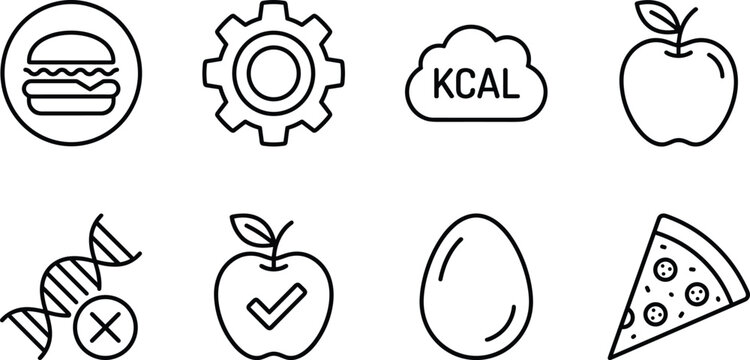 Healthy eating icons including pizza kcal egg gear DNA and burger in clean line art style