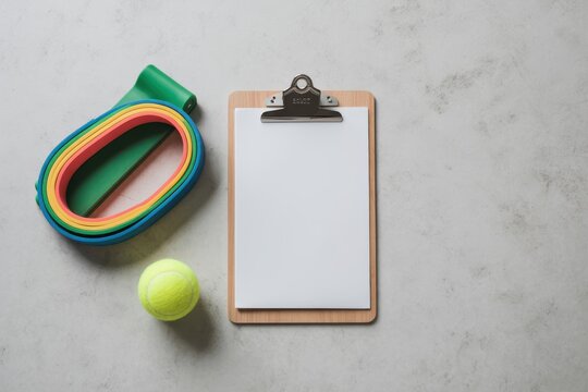 A fitness tracker, resistance bands, and a tennis ball lie next to a clipboard on a gray surface.