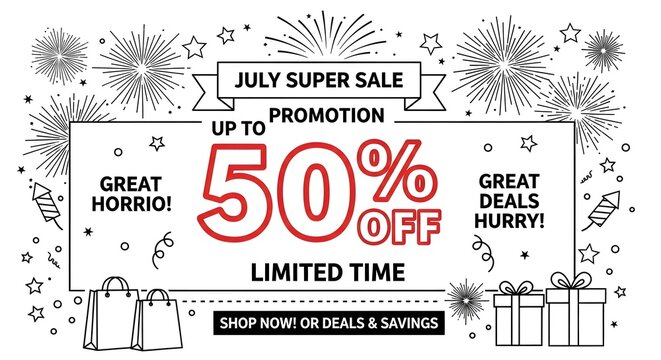 July super sale promotion with up to 50 percent off discount, limited time offer with shopping bags and gift boxes, fireworks background