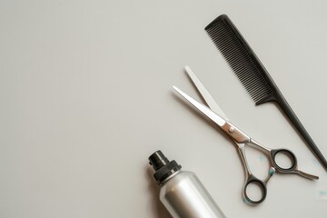 Fototapeta premium Haircut tools arranged on surface including scissors and comb