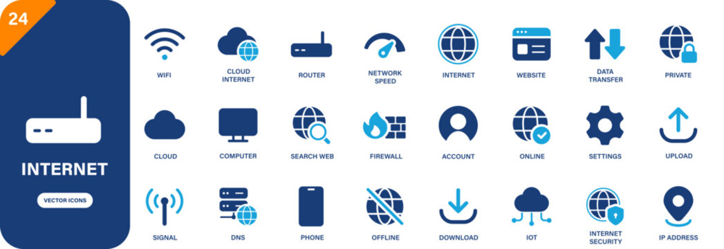 Internet icon. Containing router, private network, wifi, iot, dns. Solid vector icon set.