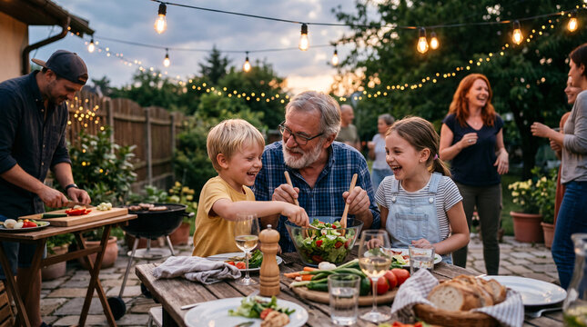 Famille heureuse partageant un repas convivial dans un jardin illumin&eacute;