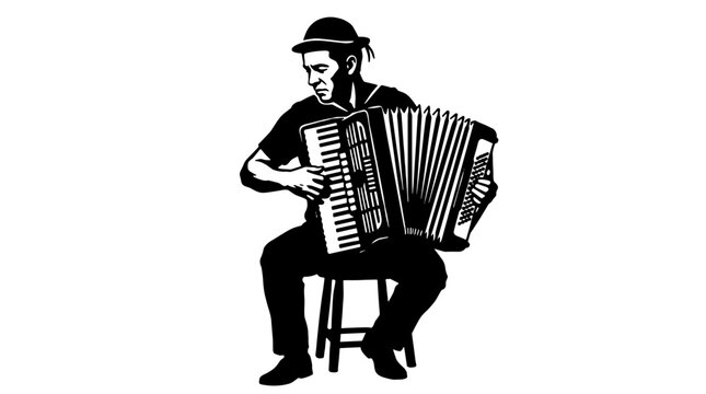 Black and white illustration of a man playing an accordion seated