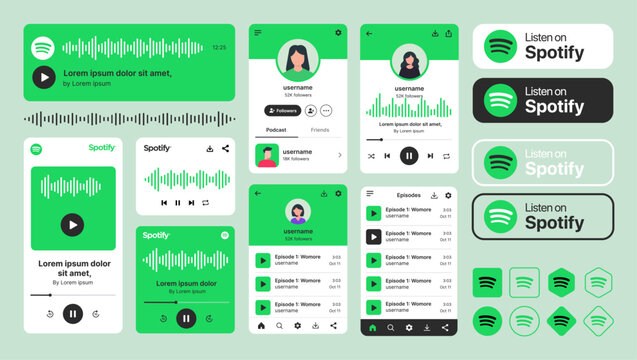 Spotify podcast player UI kit and Spotify music streaming mobile app interface featuring Spotify waveform player, Spotify podcast profile, Spotify episode list and Spotify listen button design.
