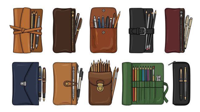 Collection of leather and fabric pencil cases and stationery organizers