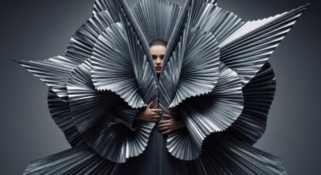 Avant-garde Fashion Statement: A striking individual is adorned in an avant-garde metallic pleated gown, creating a dramatic and artistic silhouette.