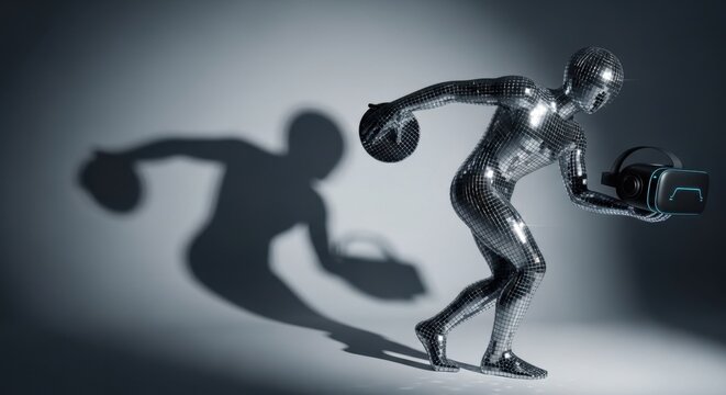Discus Thrower Statue: A metallic sculpture of a discus thrower in mid-motion, casting a dramatic shadow, symbolizing athleticism and the pursuit of excellence.