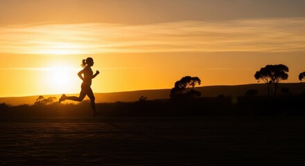 Obraz premium Sunrise Run: A lone woman silhouetted against a vibrant sunrise enjoys a solitary jog across an open landscape, embodying fitness and the start of a new day.