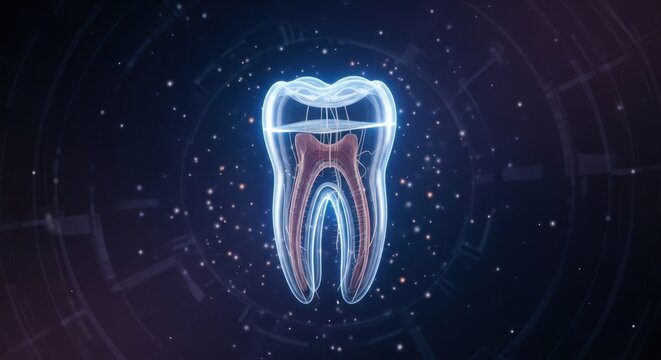 Glowing Dental Anatomy: A detailed 3D rendering of a human tooth's cross-section, revealing its intricate root canal system, illuminated against a dark, tech-infused background.