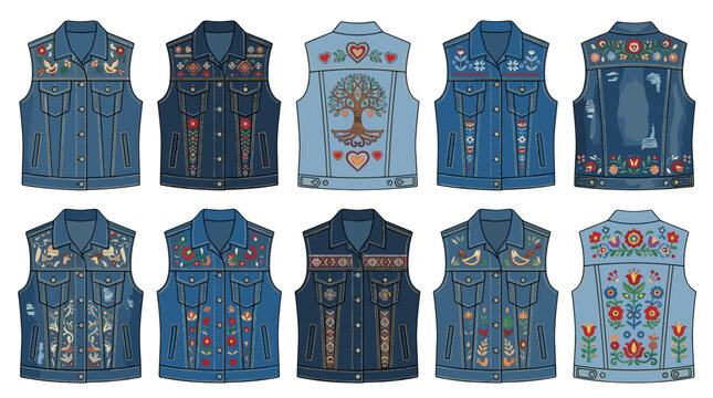 Collection of denim vests with embroidered floral and patch designs