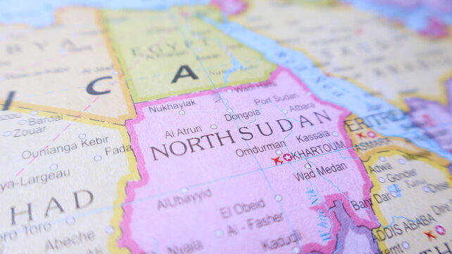 North Sudan and neighboring countries on a close-up world map. Khartoum and other cities visible. Geography and travel.