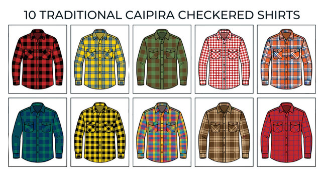 Collection of 10 traditional caipira checkered shirts in various colors
