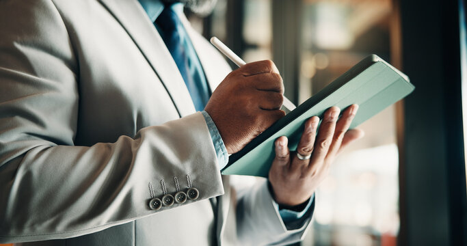 Businessman, hands and research with tablet in office, private wealth lawyer or drafting will on web. Writing, legal info and estate planning with stylus, online and person with tech in law firm