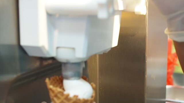 Woman's hand holding wafer cone filling soft served premium milk low fat.	Selective focus.