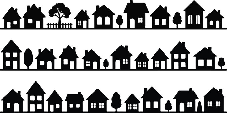 Clean urban housing pattern illustration showing four stacked rows of black house silhouettes with diverse architectural details arranged in structured grid design.