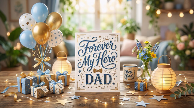 Father's Day celebration setup with card, presents, balloons and mug