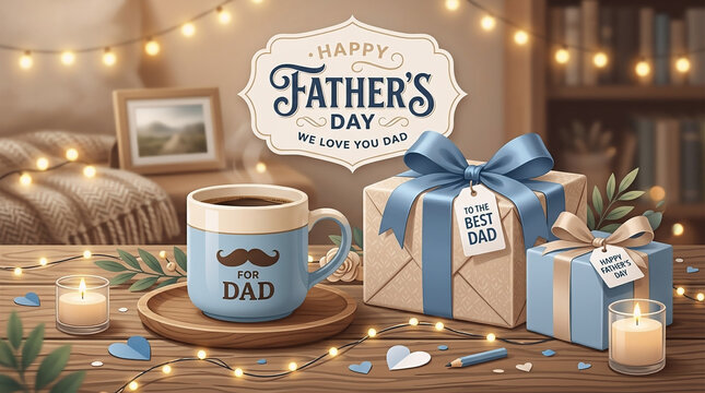 Happy Father's Day table setting with gift boxes and a coffee mug