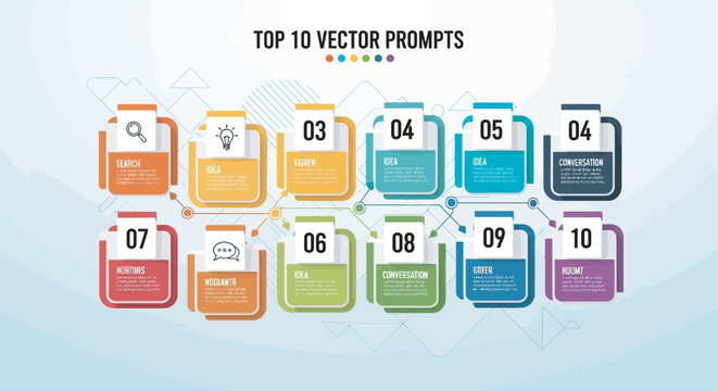 Top 10 vector prompts infographic template, business process timeline with colorful numbered steps, professional workflow diagram for data visualization