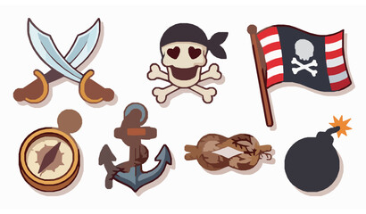 Cute pirate adventure symbols collection with cartoon anchor compass and crossed swords vector © Hazara