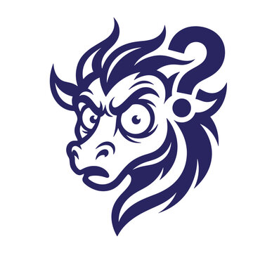 Fierce stylized monster face with mane graphic illustration white background illustration stylized aggressive mythical creature predator menacing expression