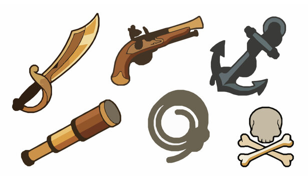 Pirate adventure weapons vector collection with cartoon sword pistol and nautical accessories