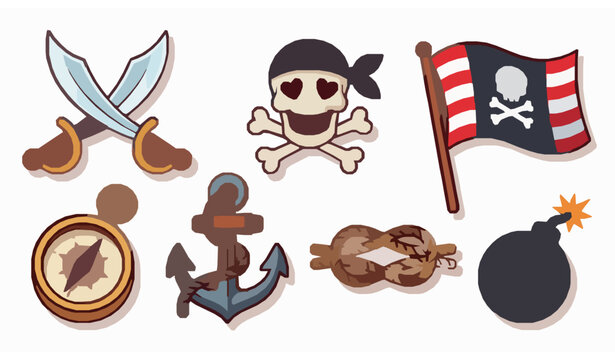 Cute pirate adventure symbols collection with cartoon anchor compass and crossed swords vector