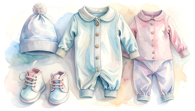 Baby outfit set with matching strampler booties and hat displaying a beautifully coordinated design watercolor illustration showcasing an adorable gentle gift generative AI