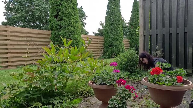 Person taking care of plants and flowers in private garden yard.
