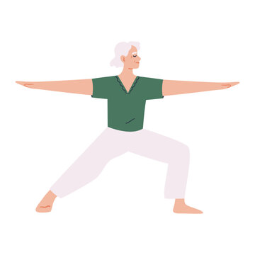 Senior woman practicing warrior yoga pose. Hand drawn vector illustration for fitness content, healthy aging concepts.
