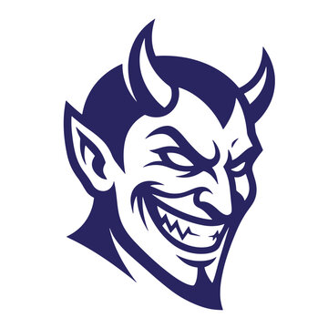 Devil head with horns and evil smile line art character illustration creature background isolated stylized minimalist abstract mischievous trickster negative