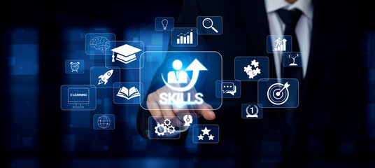 Fototapeta premium Business Professional Interacting with Digital Skill Development Icons and Infographics in a Modern Office Environment Quark.