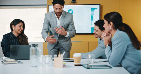 Presentation, report and man in office with business people for company profit, revenue and pitch....