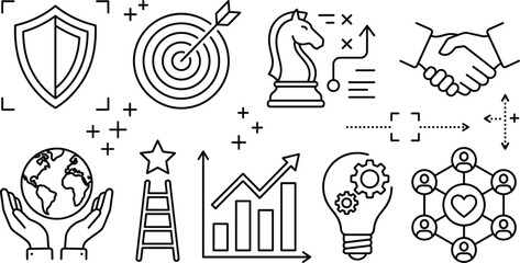 Corporate business strategy marketing icons collection vector illustration with target chess knight shield financial chart and innovation bulb © S O H A G