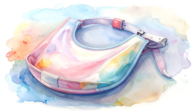 Baby bib drool cloth displaying a practical convenient clip on mechanism watercolor illustration showcasing an adorable cute functional feeding product accessory generative AI