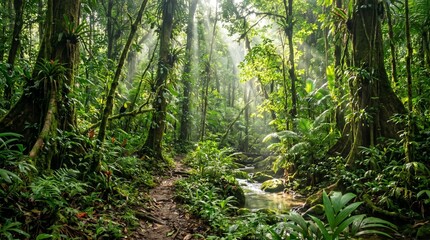 Obraz premium Lush tropical rainforest with a crystal-clear stream, vibrant green foliage, and sunlight rays filtering through dense jungle trees.